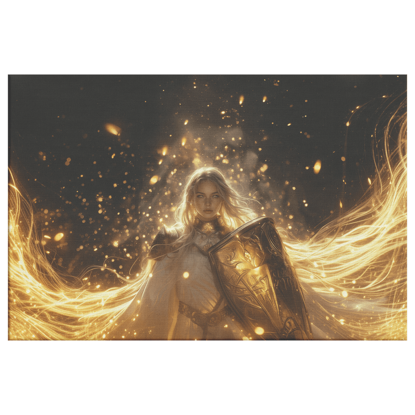 Female Blood Elf Paladin Gold Crimson Armor Glowing Rune Shield Radiant Golden Light Trails Canvas Wall Art - Awakening Righteousness