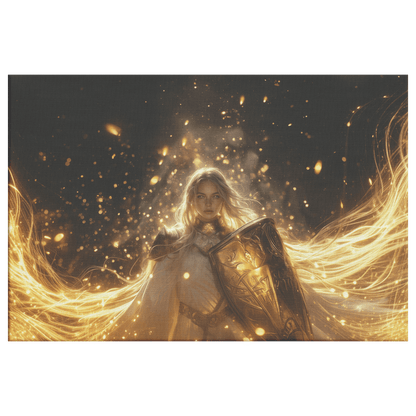Female Blood Elf Paladin Gold Crimson Armor Glowing Rune Shield Radiant Golden Light Trails Canvas Wall Art - Awakening Righteousness