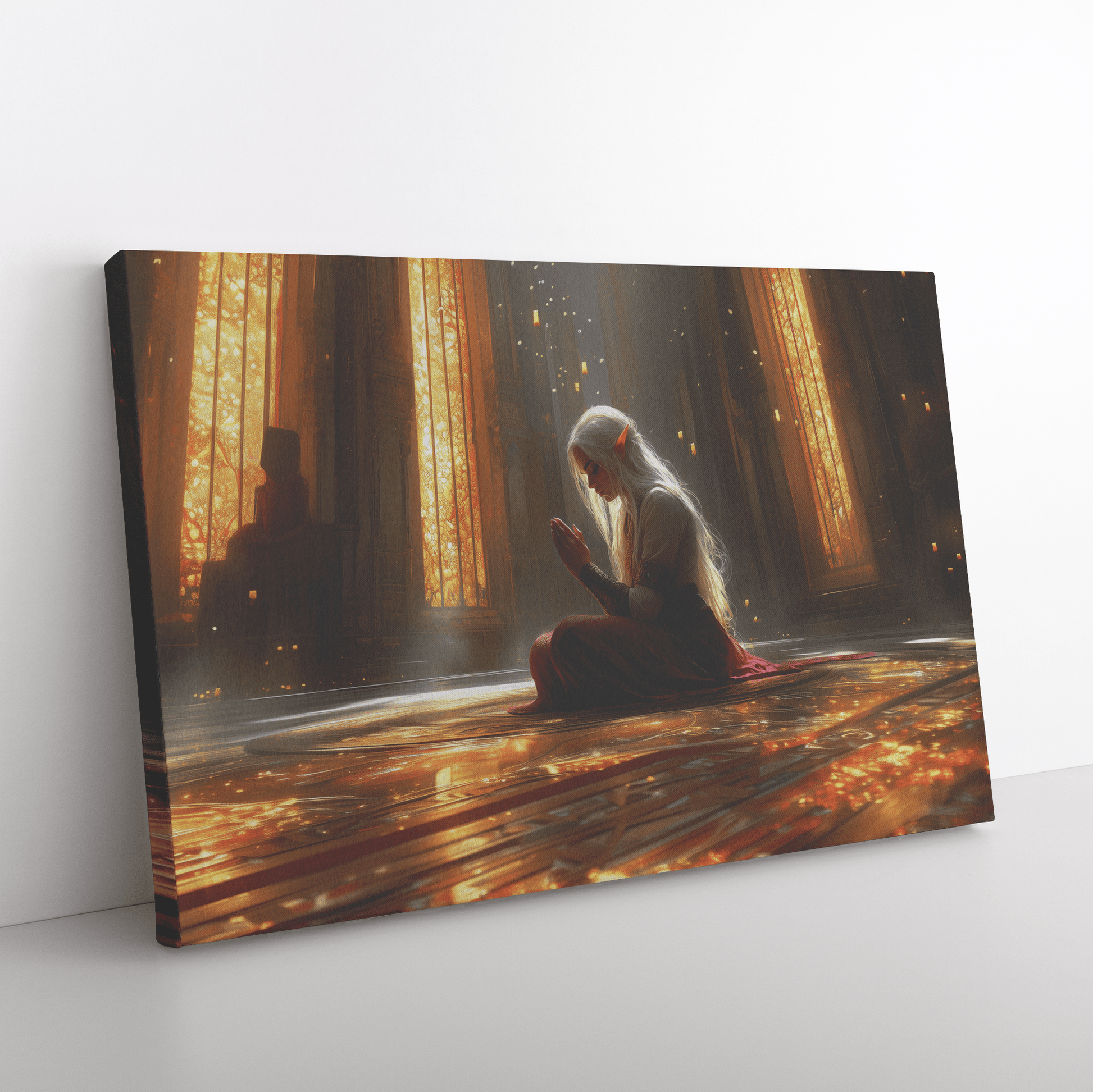 Female Blood Elf Paladin Kneeling in Prayer Ornate Cathedral Shimmering Golden Reflections Canvas Wall Art - Awakening Righteousness