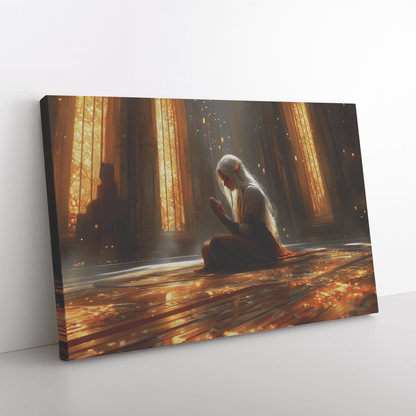 Female Blood Elf Paladin Kneeling in Prayer Ornate Cathedral Shimmering Golden Reflections Canvas Wall Art - Awakening Righteousness