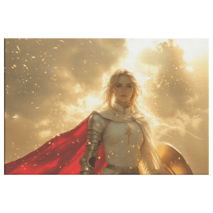 Female Blood Elf Paladin Silver Red Plate Armor Shield Golden Glow Shimmering Textures Canvas Wall Art - Awakening Righteousness