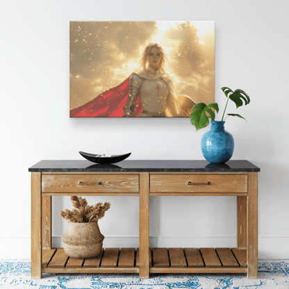 Female Blood Elf Paladin Silver Red Plate Armor Shield Golden Glow Shimmering Textures Canvas Wall Art - Awakening Righteousness