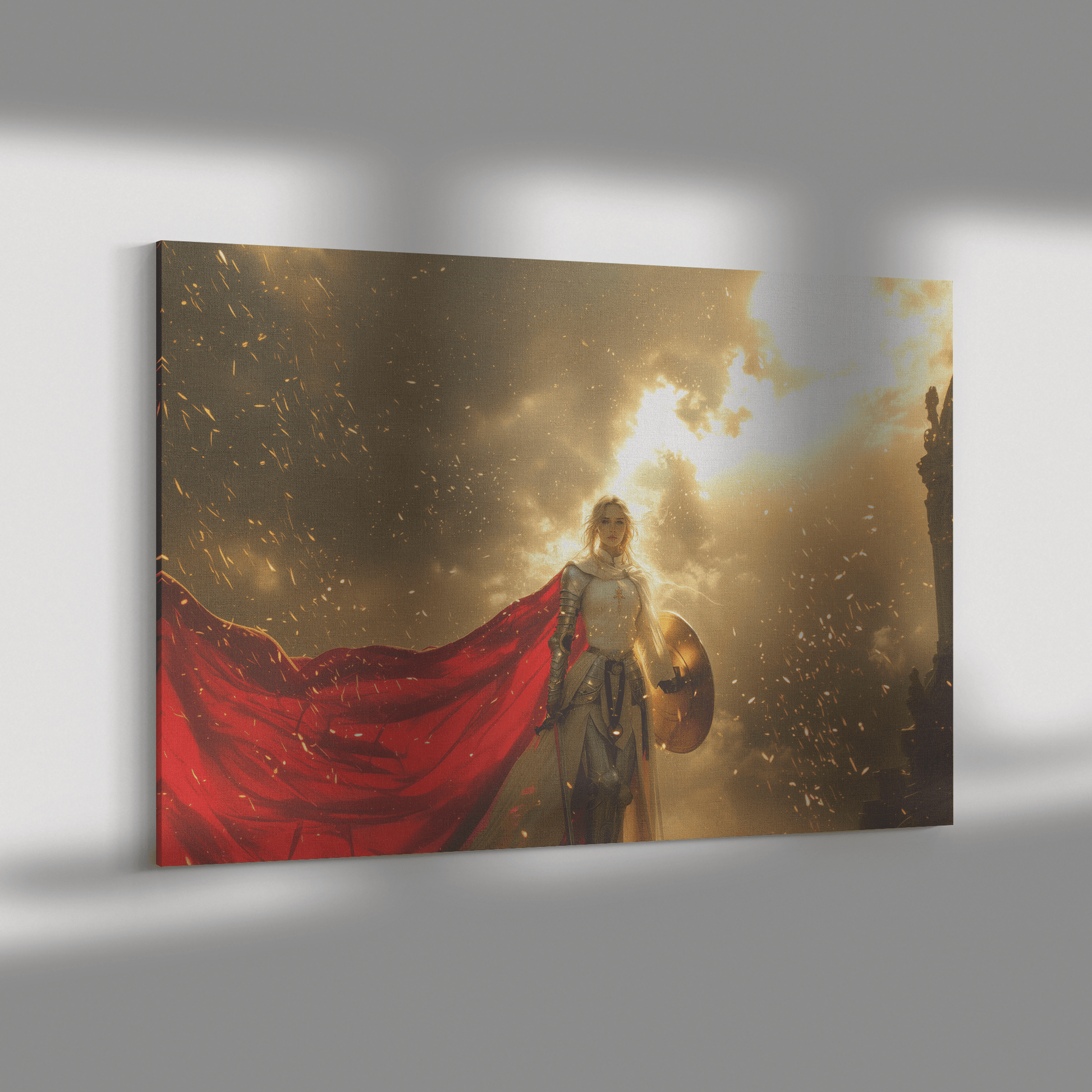 Female Blood Elf Paladin Silver Red Plate Armor Shield Golden Glow Shimmering Textures Cascading Light Trails Canvas Art - Awakening Righteousness