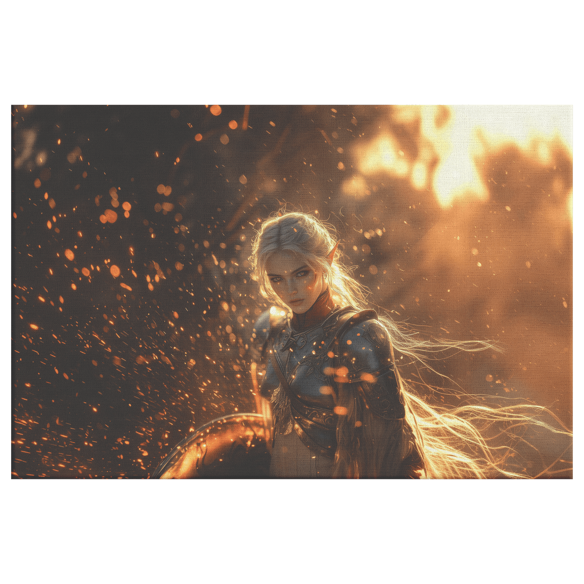Female Blood Elf Paladin Silver Red Plate Armor Shield Golden Glow Shimmering Textures Cascading Light Trails Canvas Wall Art - Awakening Righteousness