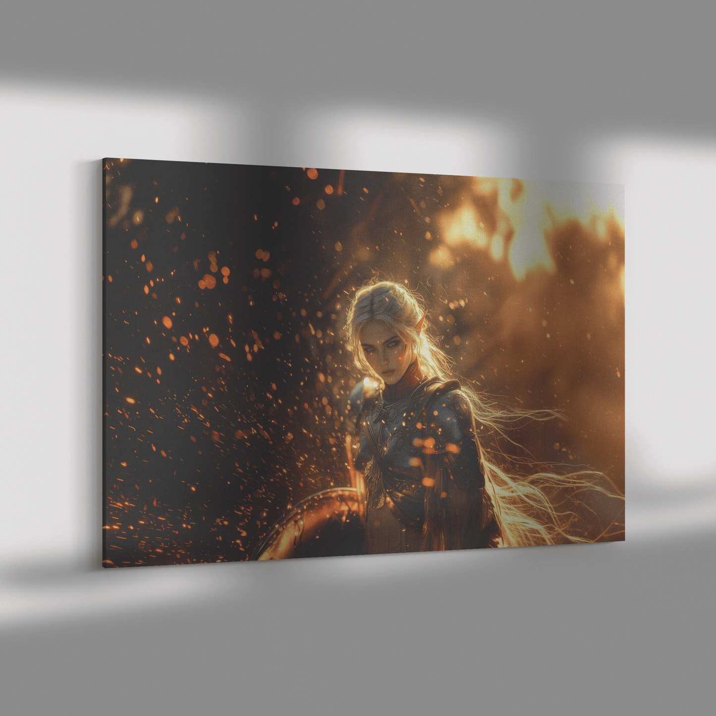 Female Blood Elf Paladin Silver Red Plate Armor Shield Golden Glow Shimmering Textures Cascading Light Trails Canvas Wall Art - Awakening Righteousness