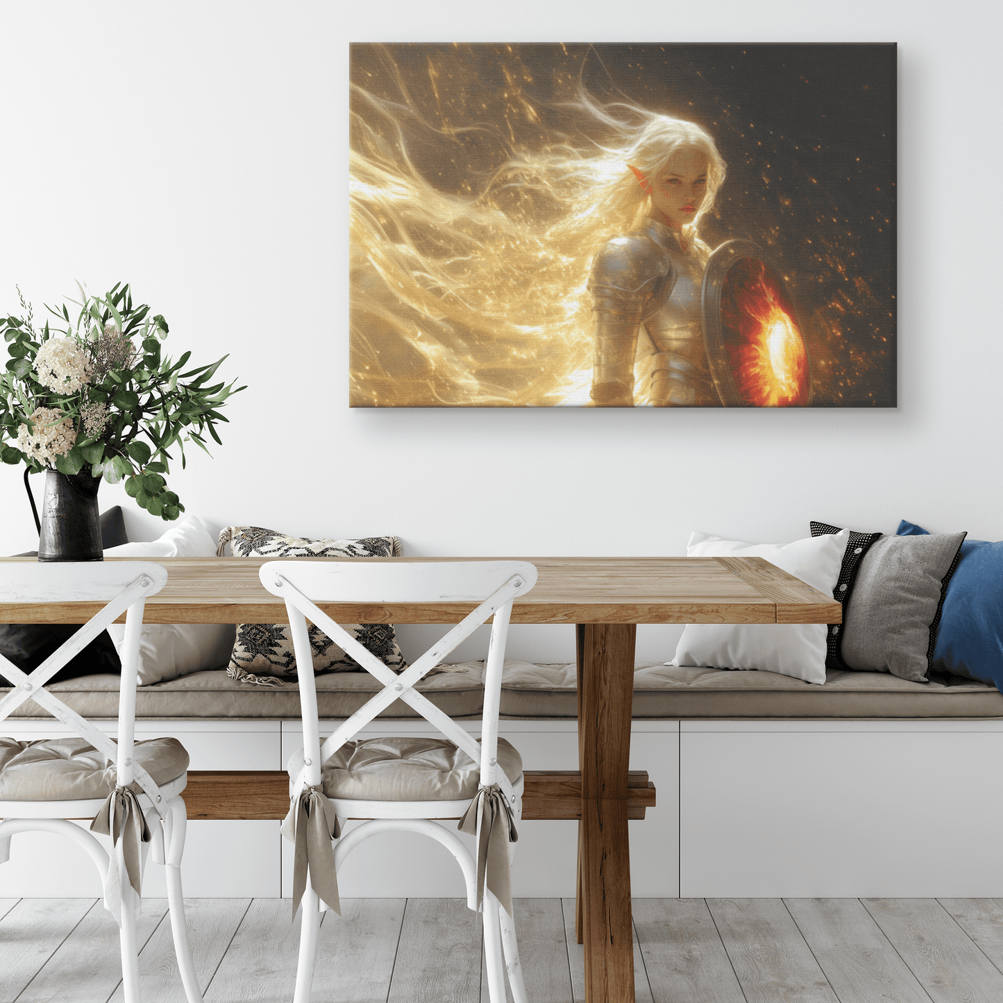Female Blood Elf Paladin Silver Red Plate Armor Shield Golden Glow Shimmering Textures Cascading Light Trails Canvas Wall Art - Awakening Righteousness