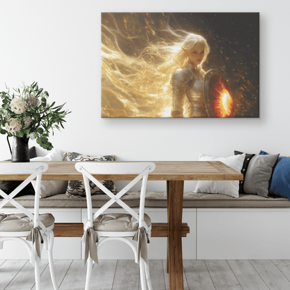 Female Blood Elf Paladin Silver Red Plate Armor Shield Golden Glow Shimmering Textures Cascading Light Trails Canvas Wall Art - Awakening Righteousness