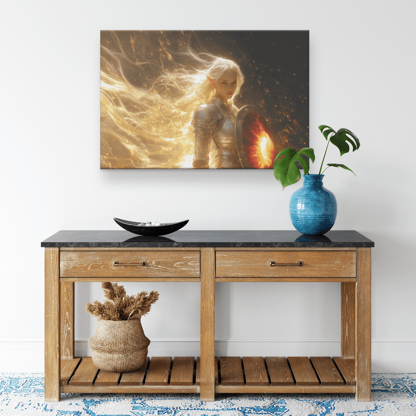 Female Blood Elf Paladin Silver Red Plate Armor Shield Golden Glow Shimmering Textures Cascading Light Trails Canvas Wall Art - Awakening Righteousness