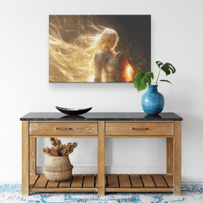 Female Blood Elf Paladin Silver Red Plate Armor Shield Golden Glow Shimmering Textures Cascading Light Trails Canvas Wall Art - Awakening Righteousness