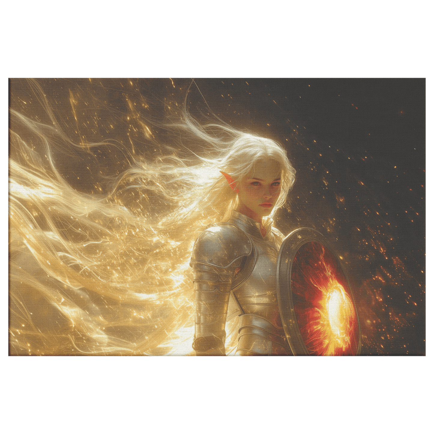 Female Blood Elf Paladin Silver Red Plate Armor Shield Golden Glow Shimmering Textures Cascading Light Trails Canvas Wall Art - Awakening Righteousness