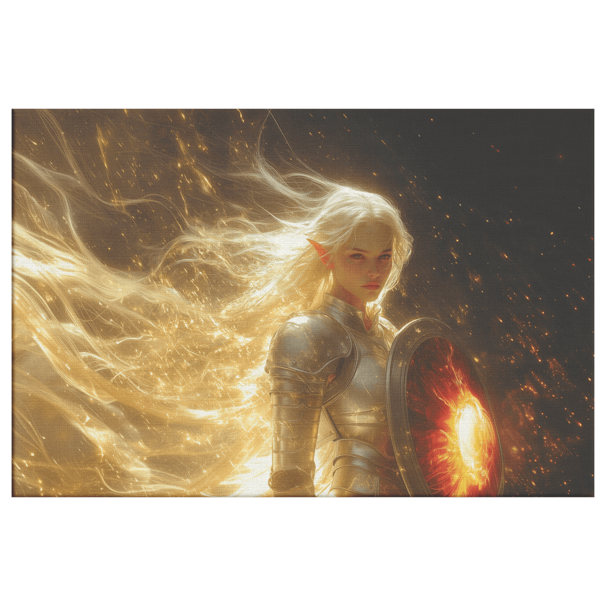 Female Blood Elf Paladin Silver Red Plate Armor Shield Golden Glow Shimmering Textures Cascading Light Trails Canvas Wall Art - Awakening Righteousness