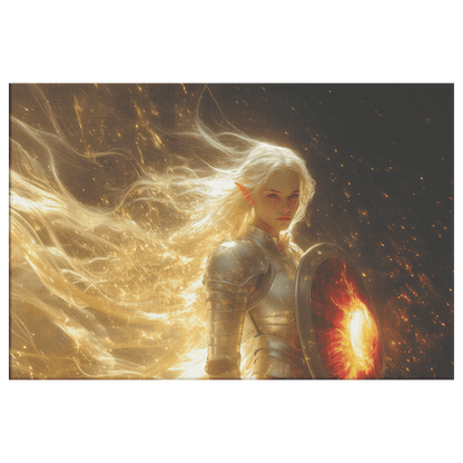 Female Blood Elf Paladin Silver Red Plate Armor Shield Golden Glow Shimmering Textures Cascading Light Trails Canvas Wall Art - Awakening Righteousness