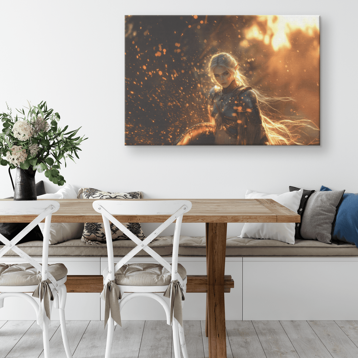 Female Blood Elf Paladin Silver Red Plate Armor Shield Golden Glow Shimmering Textures Cascading Light Trails Canvas Wall Art - Awakening Righteousness