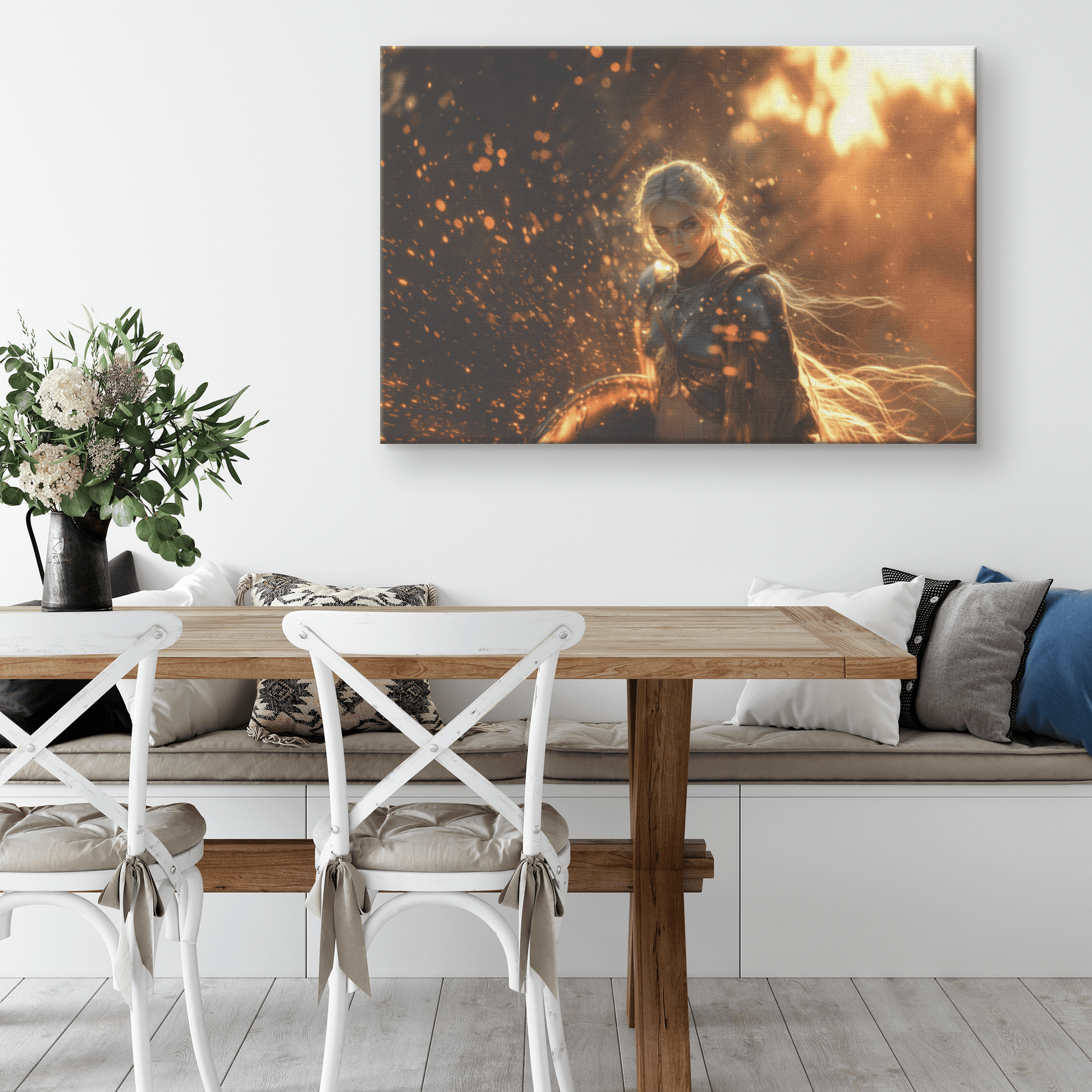 Female Blood Elf Paladin Silver Red Plate Armor Shield Golden Glow Shimmering Textures Cascading Light Trails Canvas Wall Art - Awakening Righteousness