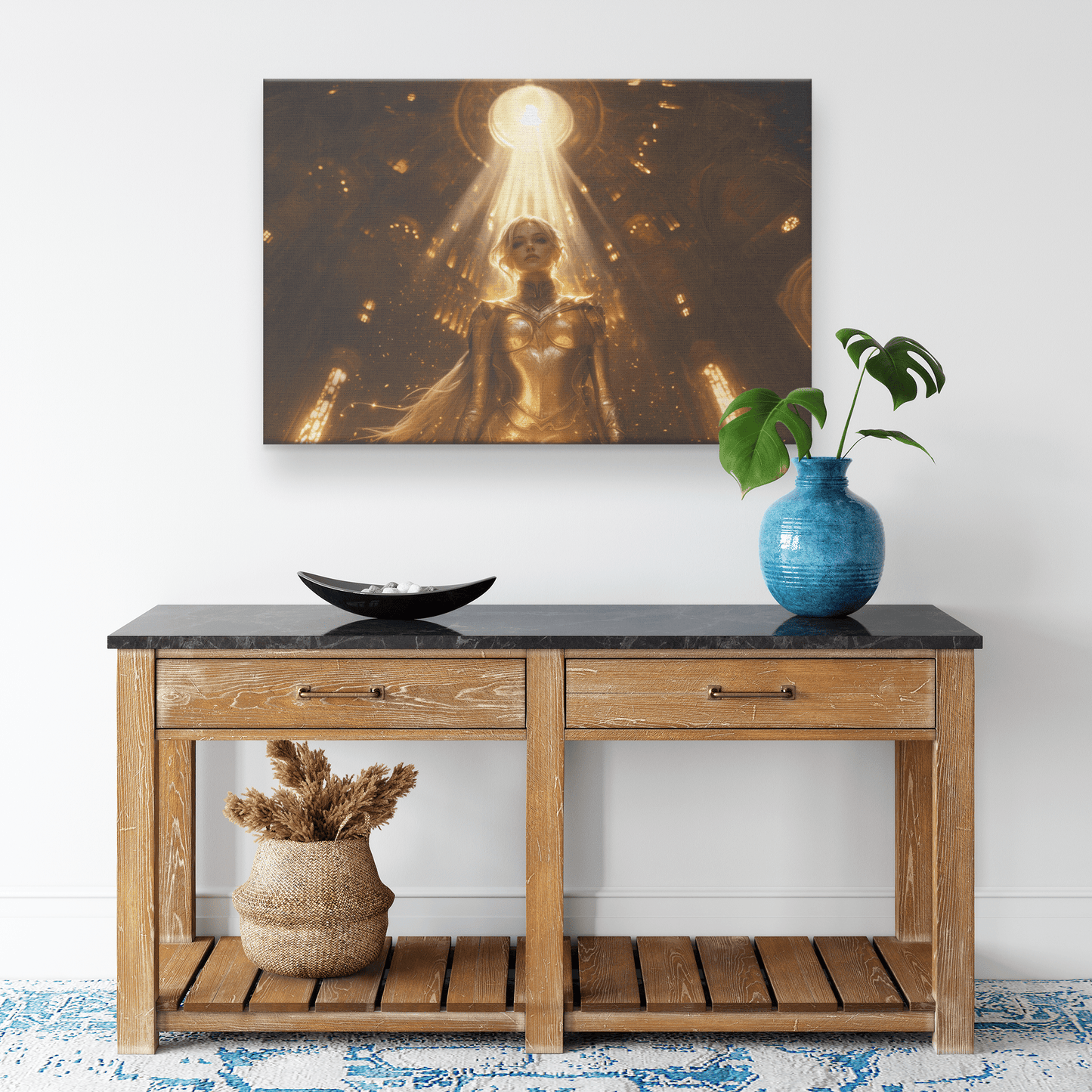 Female Blood Elf Paladin Standing in Sunlit Temple Golden Armor Intricate Patterns Shimmering Light Radiant Accents Canvas - Awakening Righteousness