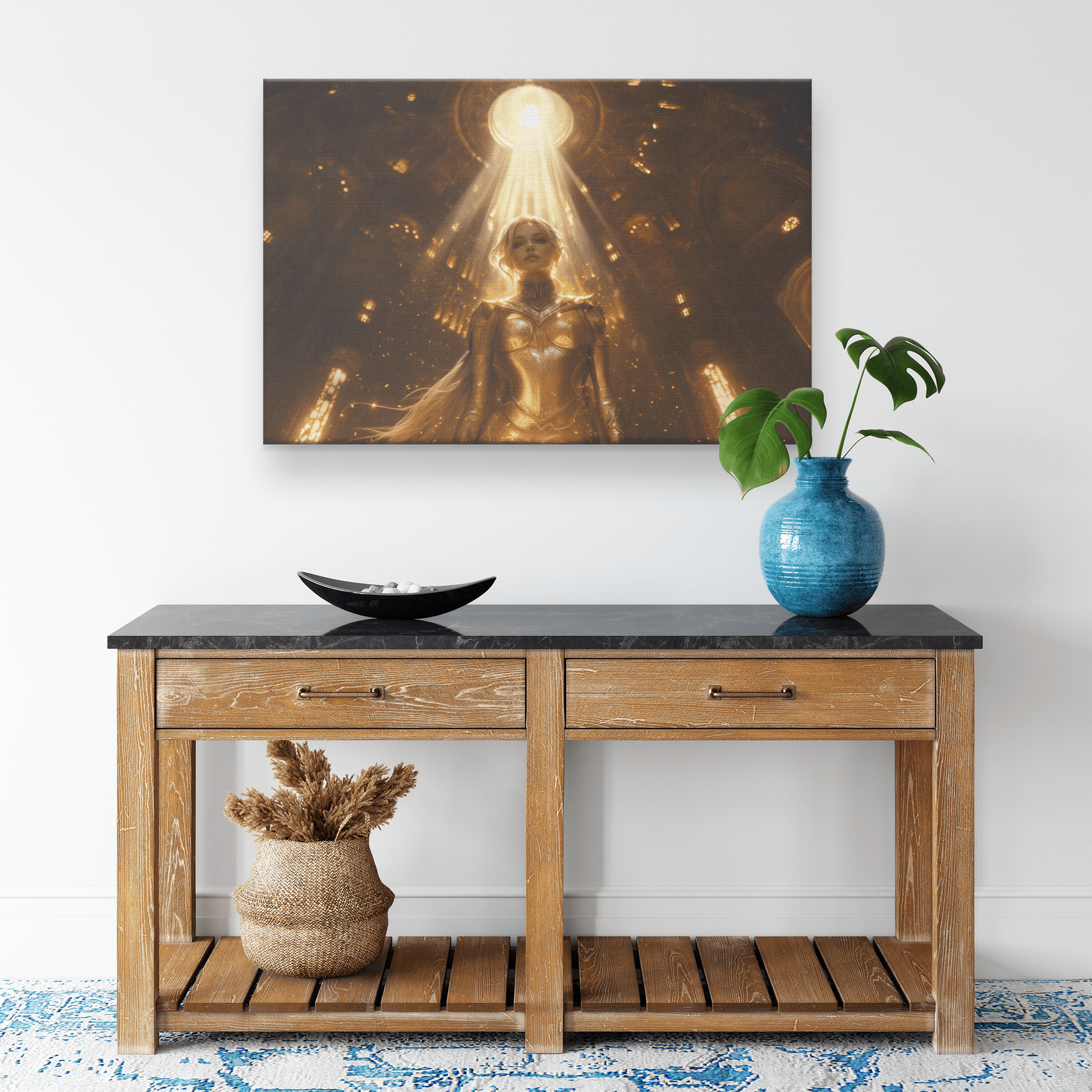 Female Blood Elf Paladin Standing in Sunlit Temple Golden Armor Intricate Patterns Shimmering Light Radiant Accents Canvas - Awakening Righteousness