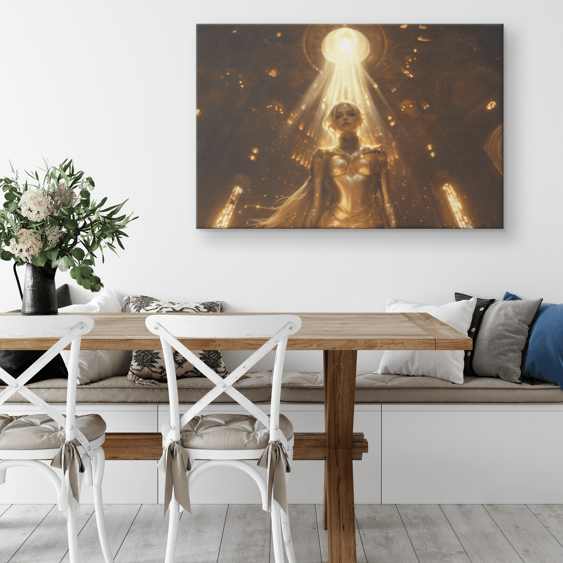 Female Blood Elf Paladin Standing in Sunlit Temple Golden Armor Intricate Patterns Shimmering Light Radiant Accents Canvas - Awakening Righteousness