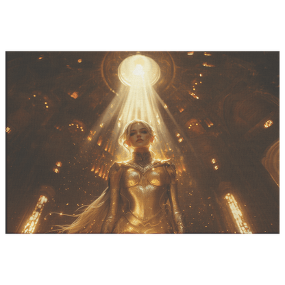 Female Blood Elf Paladin Standing in Sunlit Temple Golden Armor Intricate Patterns Shimmering Light Radiant Accents Canvas - Awakening Righteousness