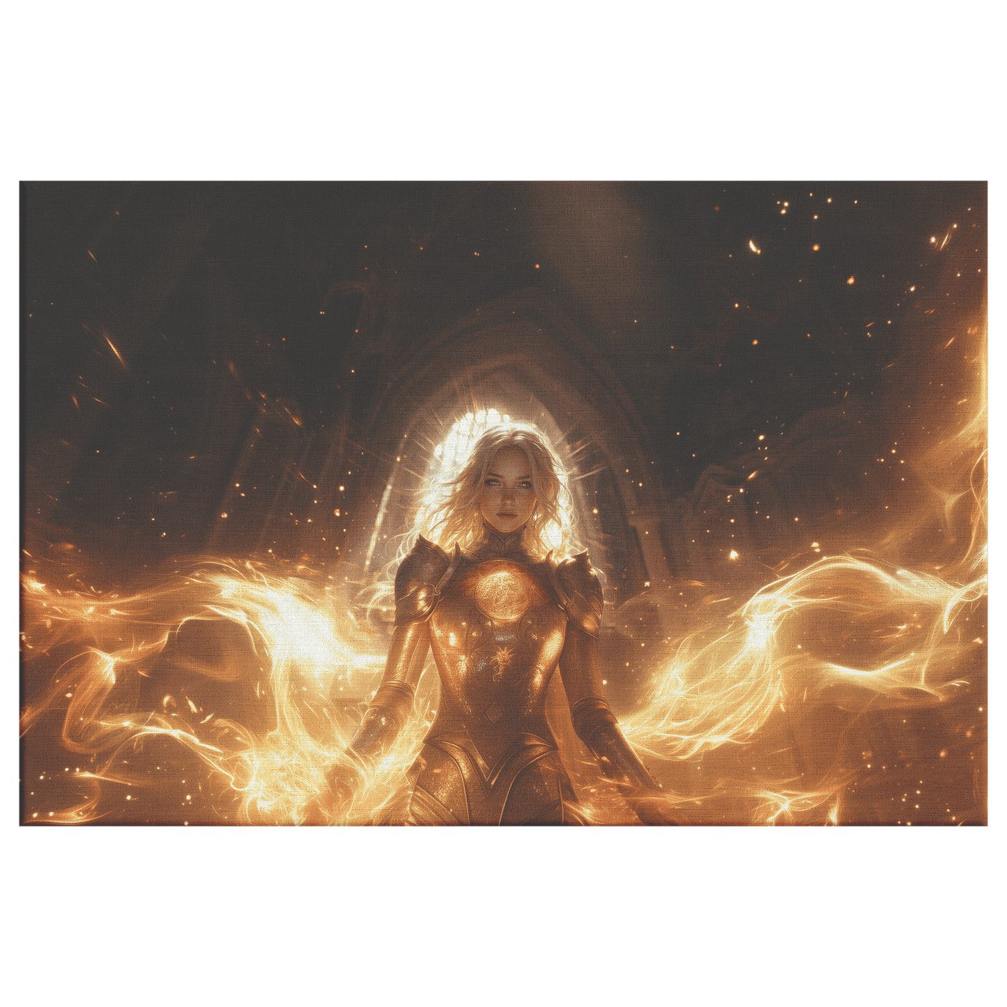 Female Blood Elf Paladin Sunlit Temple Golden Armor Intricate Patterns Shimmering Light Rays Radiant Accents Canvas Wall Art - Awakening Righteousness