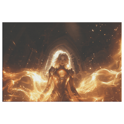 Female Blood Elf Paladin Sunlit Temple Golden Armor Intricate Patterns Shimmering Light Rays Radiant Accents Canvas Wall Art - Awakening Righteousness
