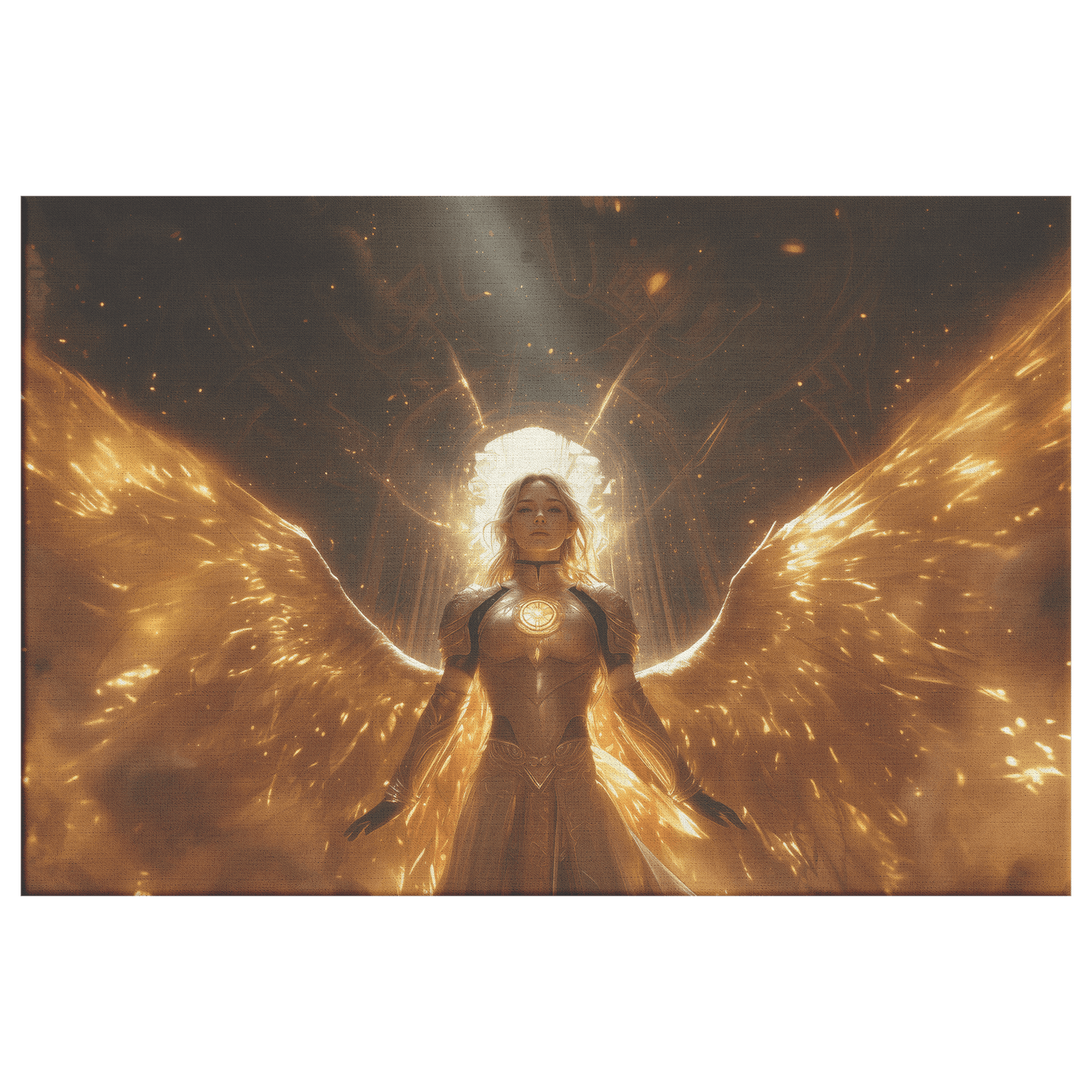 Female Blood Elf Paladin Sunlit Temple Golden Armor Intricate Patterns Shimmering Light Rays Radiant Accents Canvas Wall Art - Awakening Righteousness