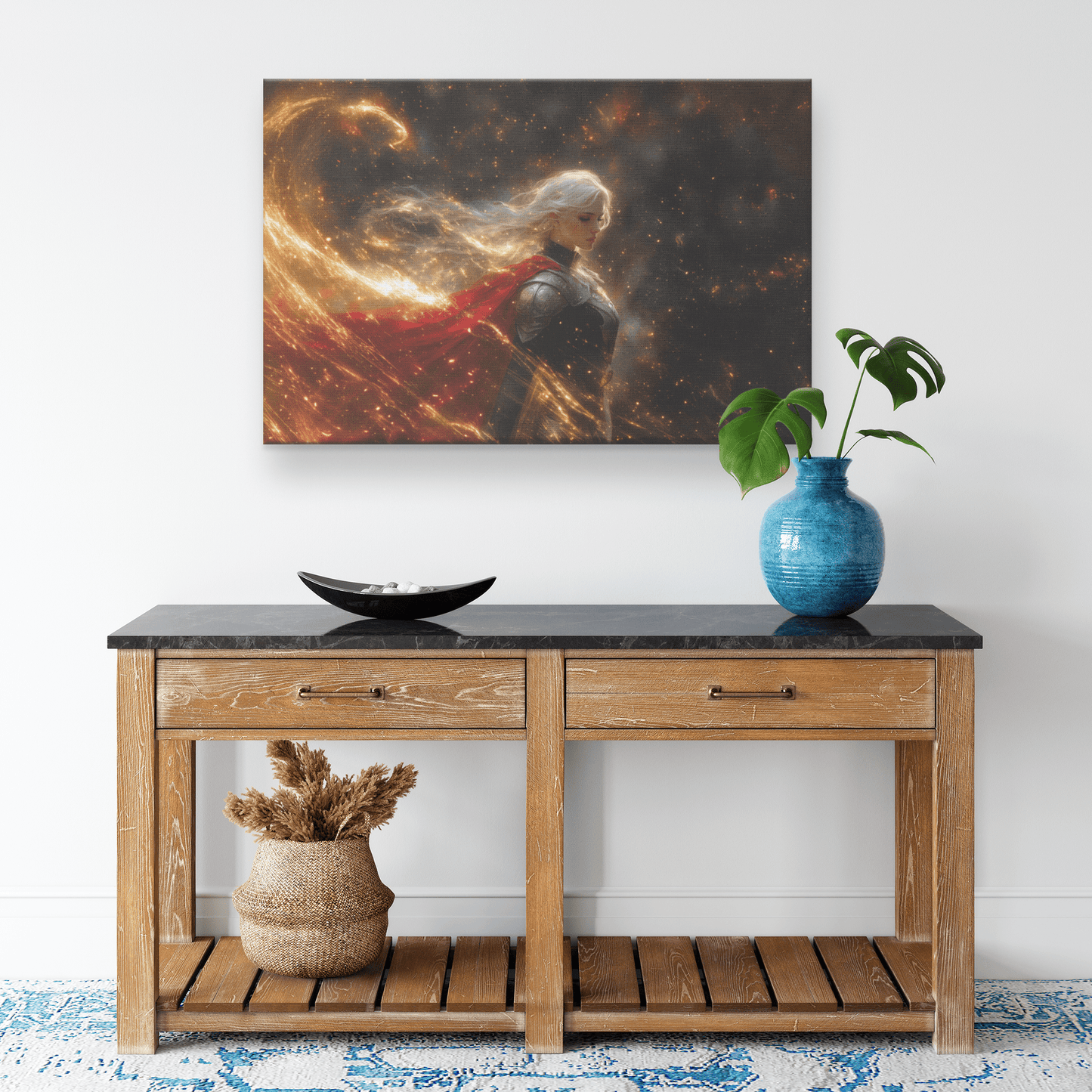 Female Blood Elf Priest Summoning Holy Light Radiant Silver Gold Accents Shimmering Stars Cascading Textures Canvas Wall Art - Awakening Righteousness
