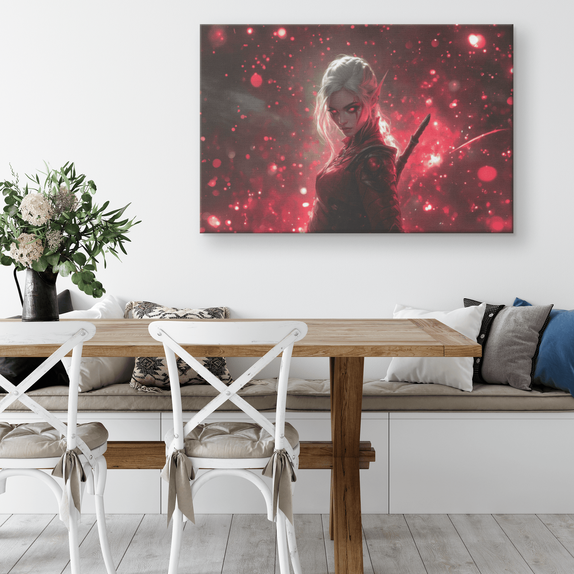 Female Blood Elf Rogue Crimson Blades Shimmering Stars Radiant Reflections Canvas Wall Art - Awakening Righteousness