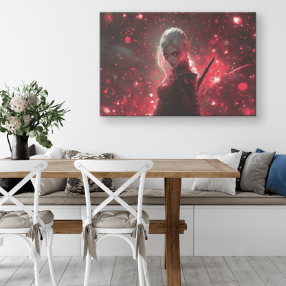 Female Blood Elf Rogue Crimson Blades Shimmering Stars Radiant Reflections Canvas Wall Art - Awakening Righteousness