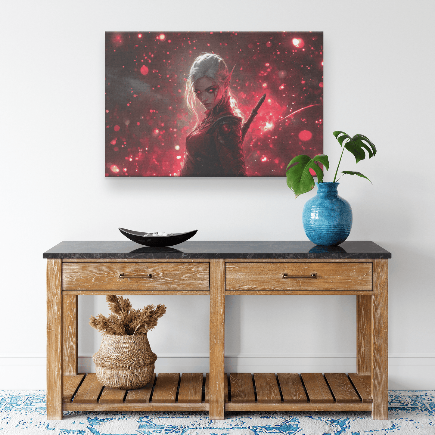 Female Blood Elf Rogue Crimson Blades Shimmering Stars Radiant Reflections Canvas Wall Art - Awakening Righteousness