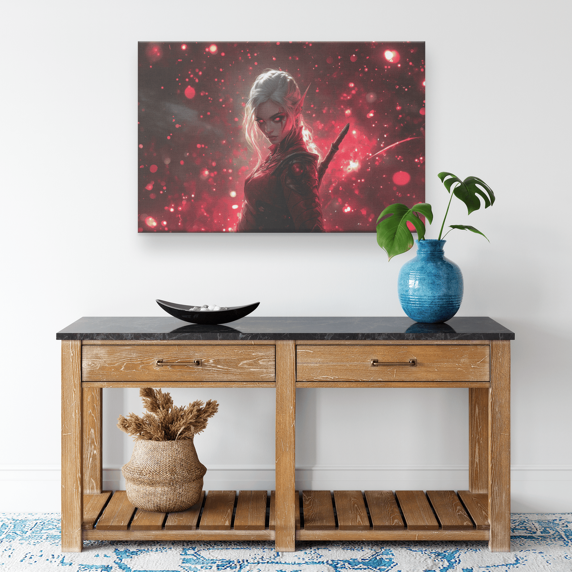 Female Blood Elf Rogue Crimson Blades Shimmering Stars Radiant Reflections Canvas Wall Art - Awakening Righteousness