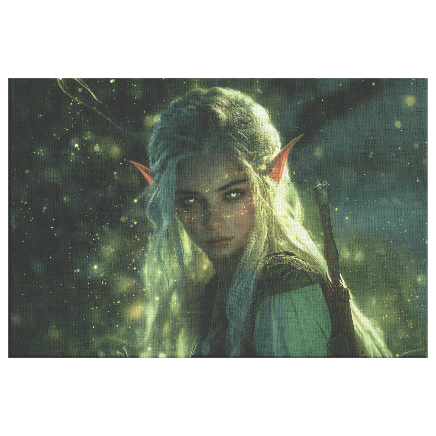 Female Blood Elf Rogue Crouching in Shadows Shimmering Silver Highlights Glowing Cosmic Textures Canvas Wall Art - Awakening Righteousness