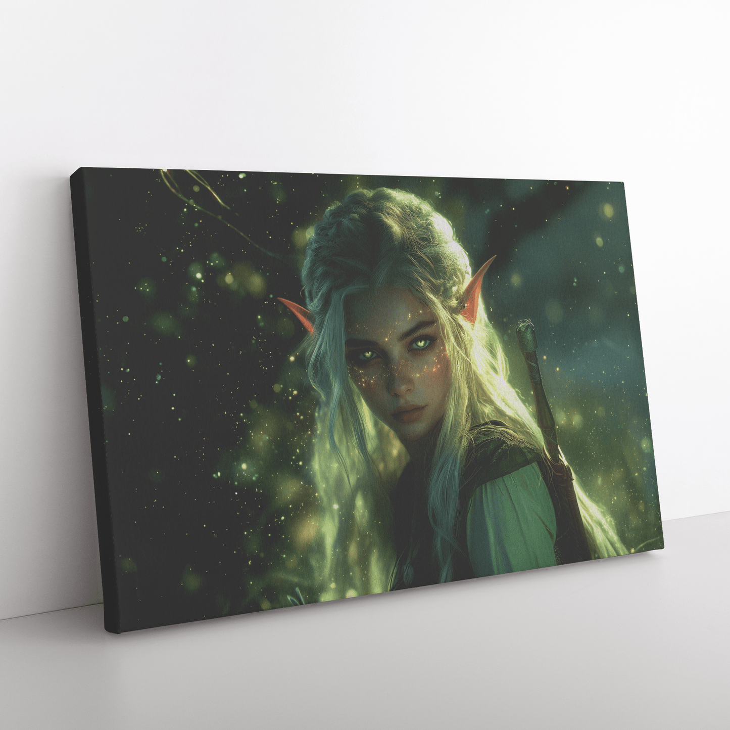 Female Blood Elf Rogue Crouching in Shadows Shimmering Silver Highlights Glowing Cosmic Textures Canvas Wall Art - Awakening Righteousness