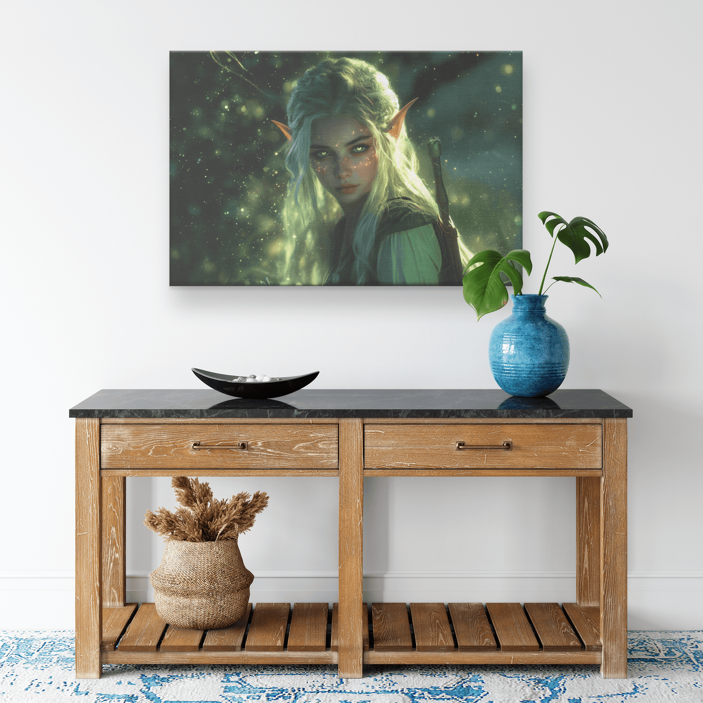 Female Blood Elf Rogue Crouching in Shadows Shimmering Silver Highlights Glowing Cosmic Textures Canvas Wall Art - Awakening Righteousness