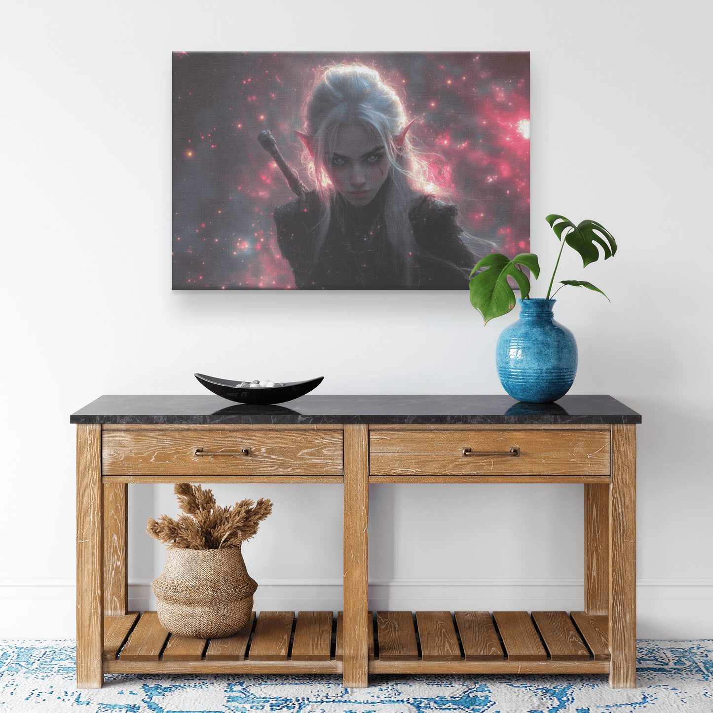 Female Blood Elf Rogue Dual Daggers Shimmering Stars Radiant Cosmic Textures Canvas Wall Art - Awakening Righteousness