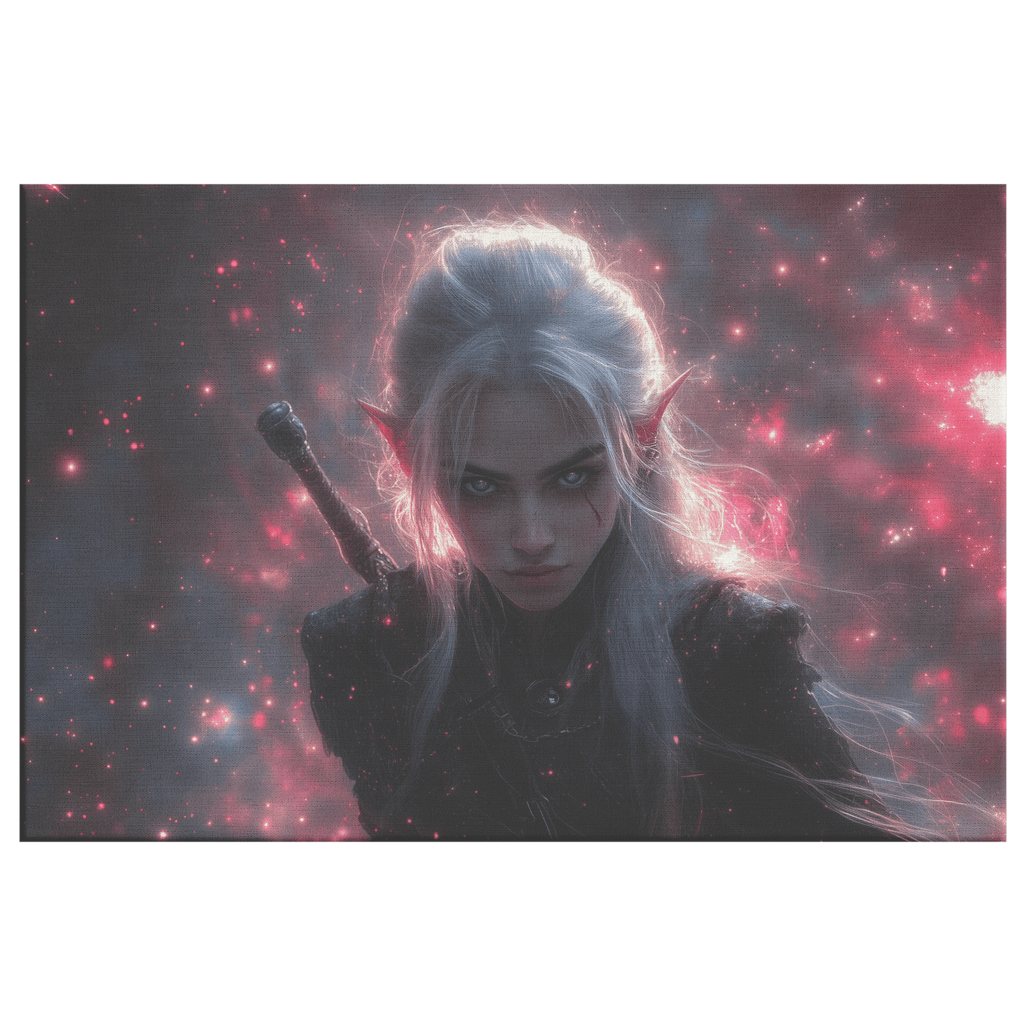 Female Blood Elf Rogue Dual Daggers Shimmering Stars Radiant Cosmic Textures Canvas Wall Art - Awakening Righteousness
