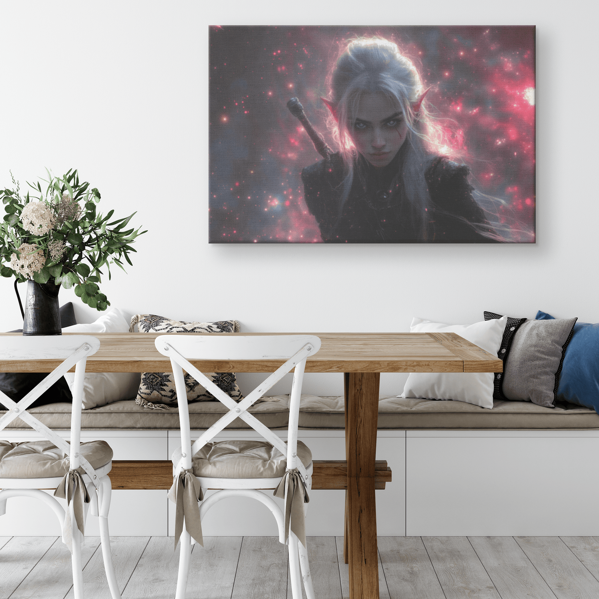 Female Blood Elf Rogue Dual Daggers Shimmering Stars Radiant Cosmic Textures Canvas Wall Art - Awakening Righteousness