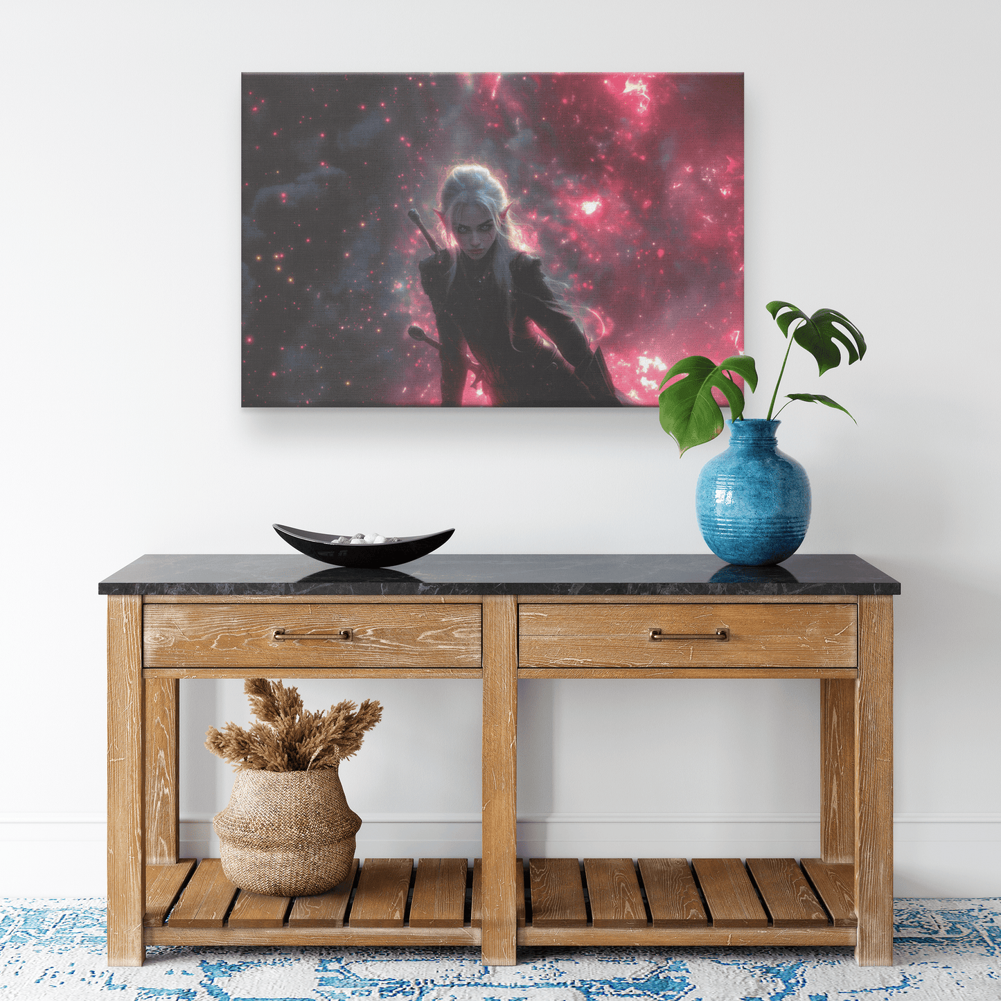 Female Blood Elf Rogue Dual Daggers Shimmering Stars Radiant Cosmic Textures WoW Canvas Wall Art for Fantasy Lovers - Awakening Righteousness