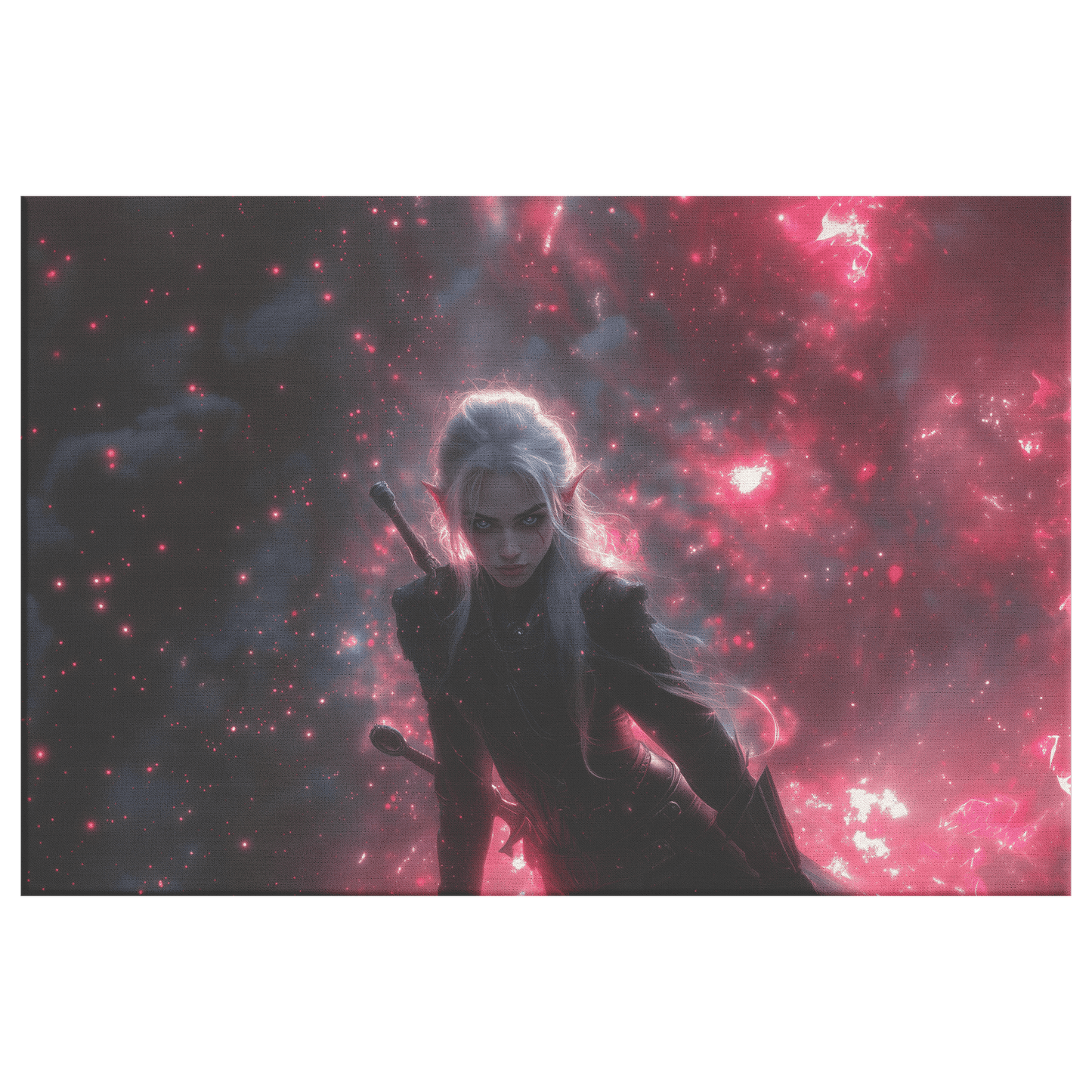 Female Blood Elf Rogue Dual Daggers Shimmering Stars Radiant Cosmic Textures WoW Canvas Wall Art for Fantasy Lovers - Awakening Righteousness