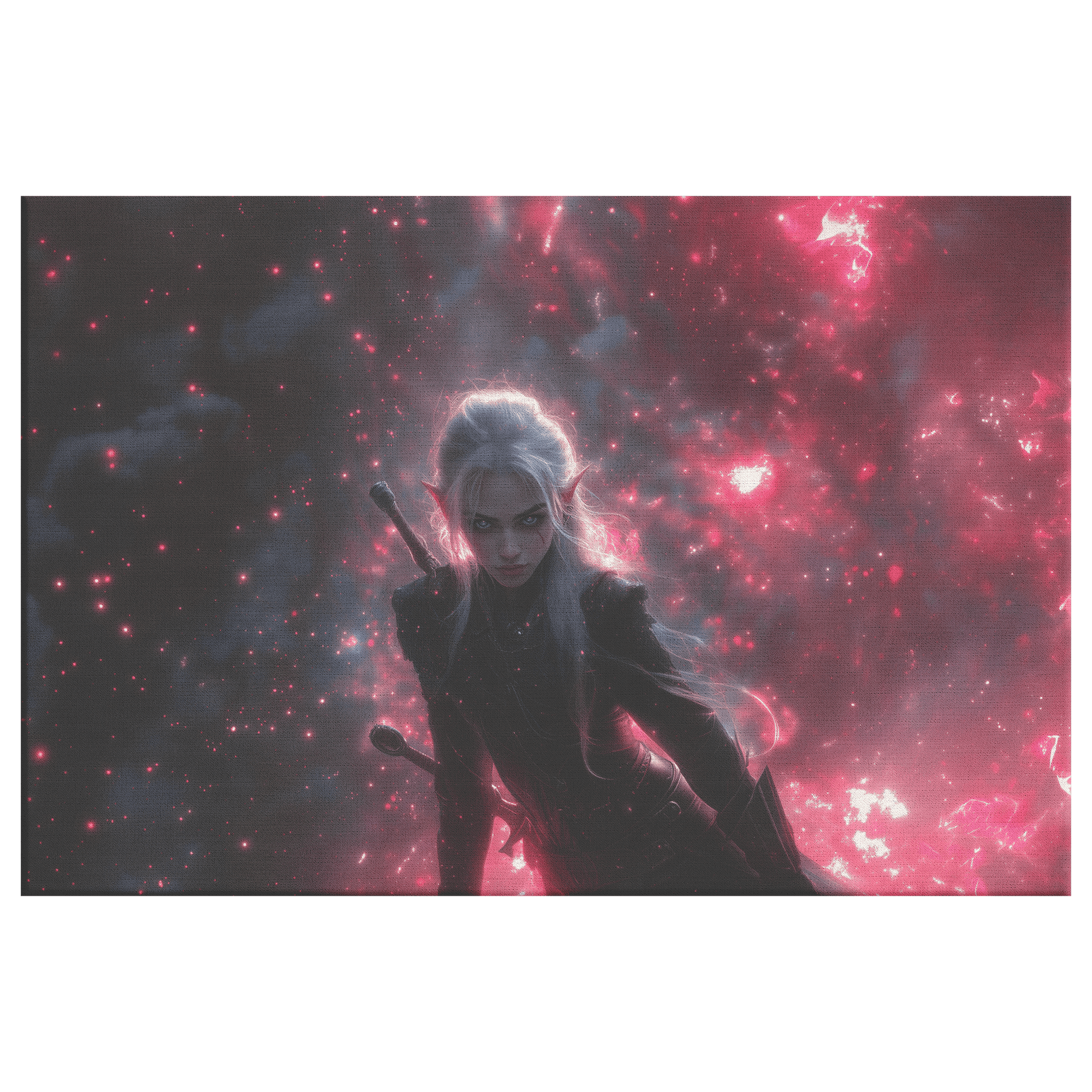 Female Blood Elf Rogue Dual Daggers Shimmering Stars Radiant Cosmic Textures WoW Canvas Wall Art for Fantasy Lovers - Awakening Righteousness