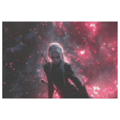 Female Blood Elf Rogue Dual Daggers Shimmering Stars Radiant Cosmic Textures WoW Canvas Wall Art for Fantasy Lovers - Awakening Righteousness