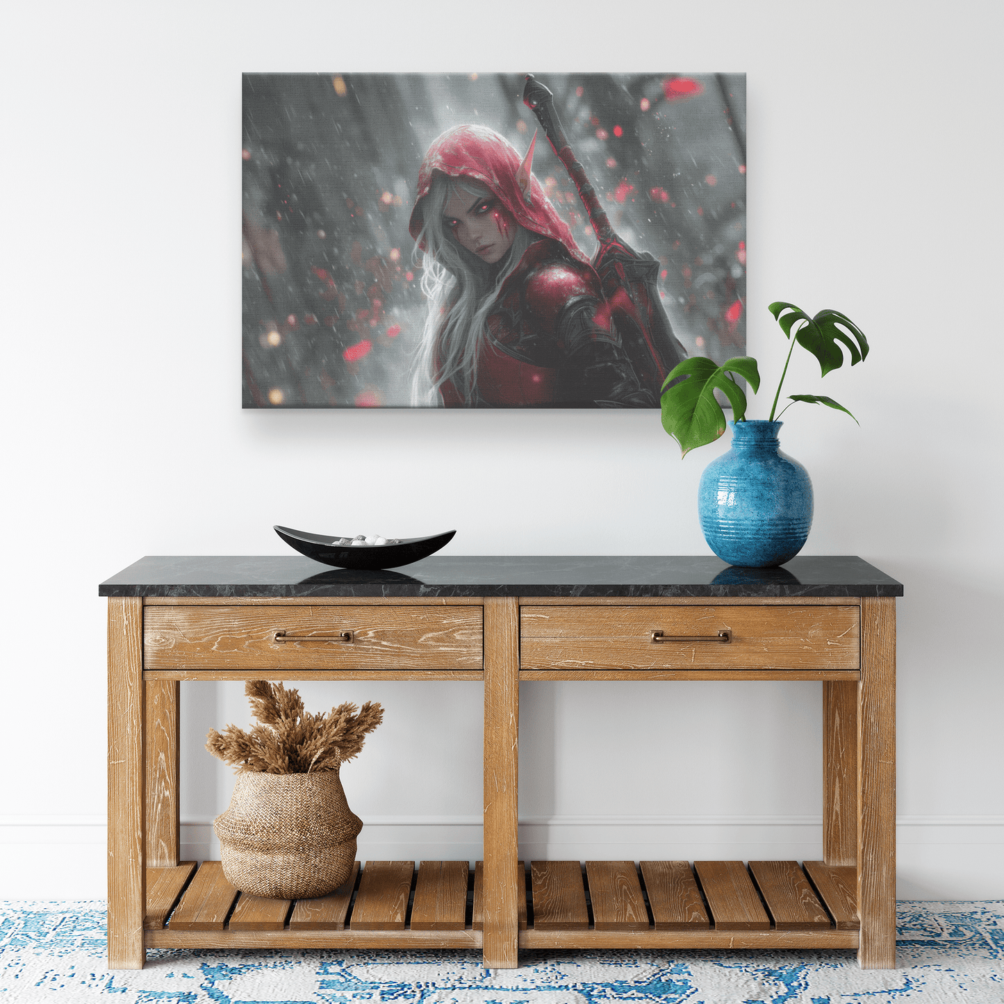 Female Blood Elf Rogue Glowing Silver Daggers Shimmering Mist Radiant Cosmic Reflections Canvas Wall Art - Awakening Righteousness