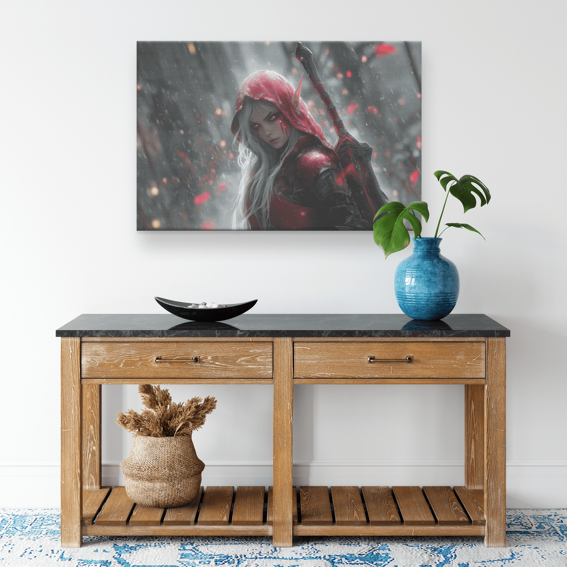 Female Blood Elf Rogue Glowing Silver Daggers Shimmering Mist Radiant Cosmic Reflections Canvas Wall Art - Awakening Righteousness
