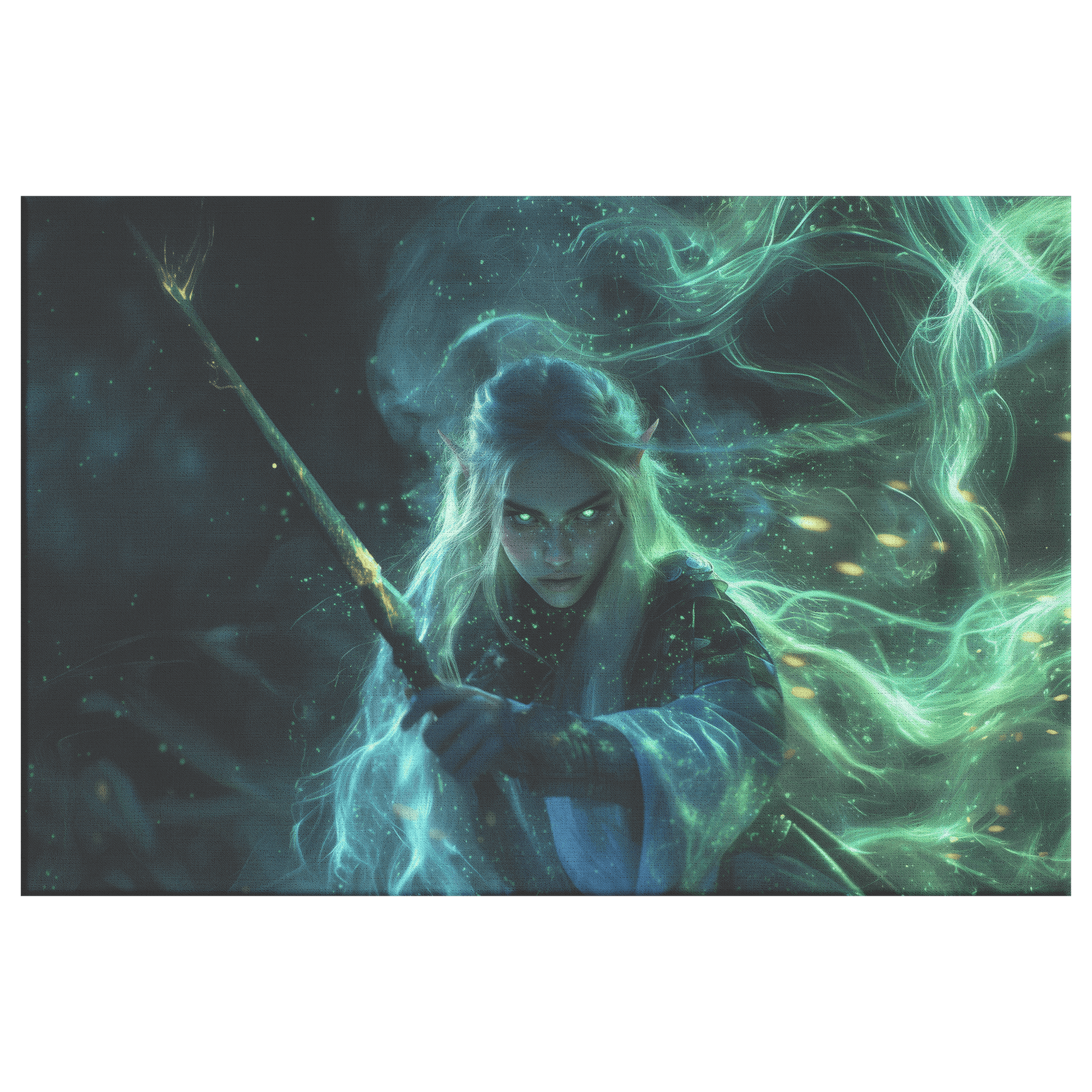 Female Blood Elf Rogue Glowing Silver Daggers Shimmering Mist Radiant Cosmic Reflections Canvas Wall Art - Awakening Righteousness