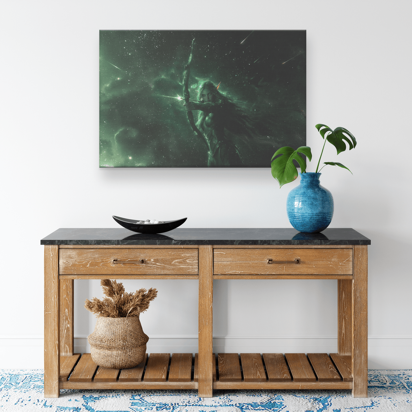 Female Night Elf Hunter Green Silver Armor Glowing Bow Shimmering Stars Cascading Light Trails WoW Canvas Wall Art Decor - Awakening Righteousness