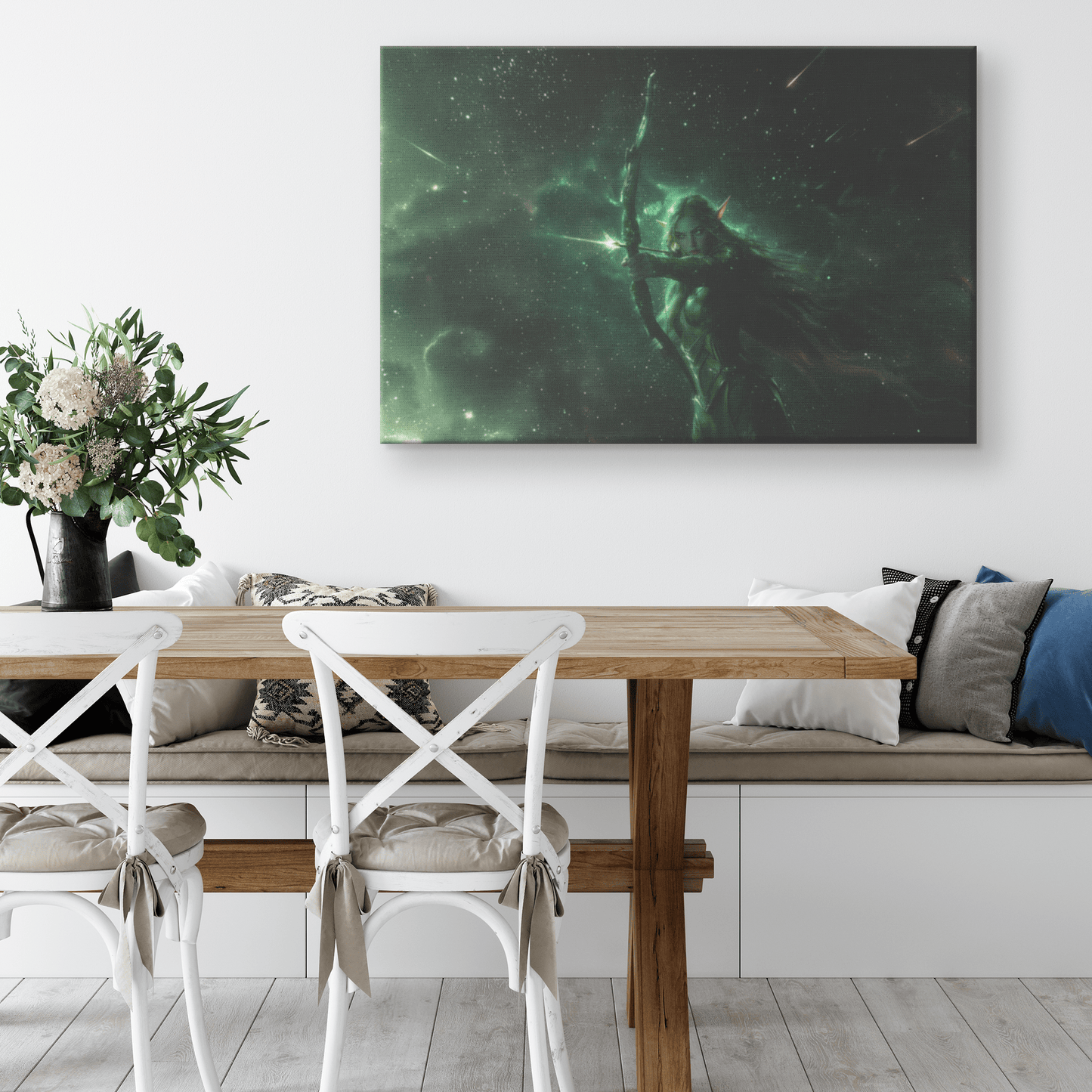 Female Night Elf Hunter Green Silver Armor Glowing Bow Shimmering Stars Cascading Light Trails WoW Canvas Wall Art Decor - Awakening Righteousness