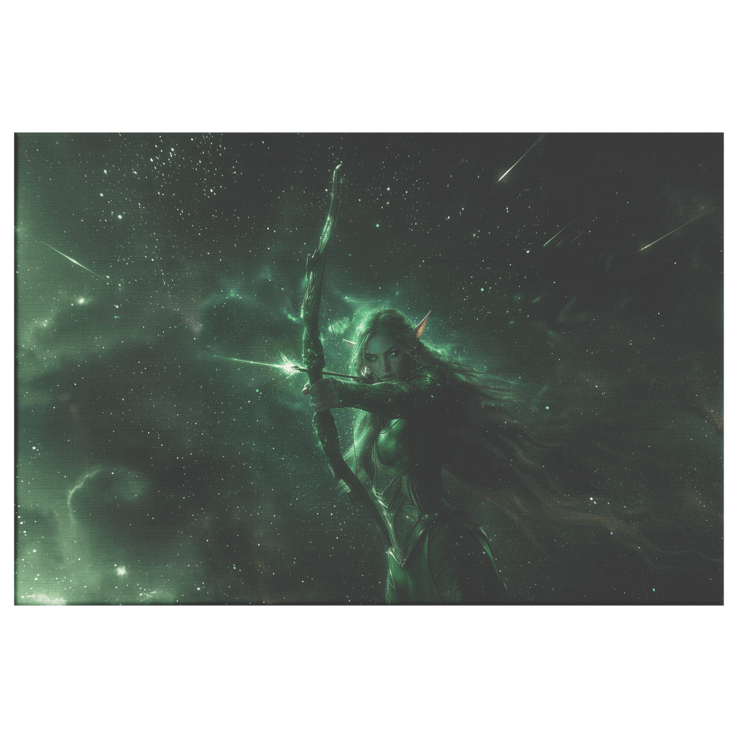 Female Night Elf Hunter Green Silver Armor Glowing Bow Shimmering Stars Cascading Light Trails WoW Canvas Wall Art Decor - Awakening Righteousness