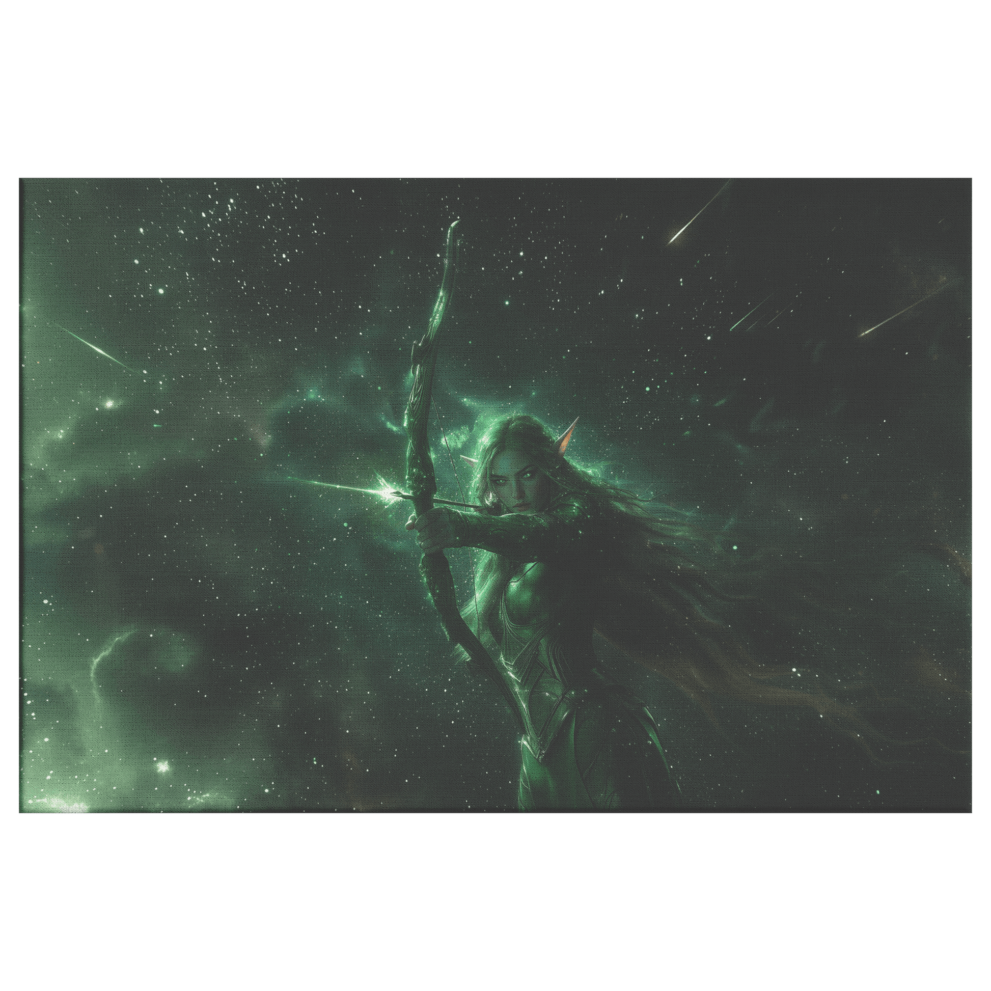 Female Night Elf Hunter Green Silver Armor Glowing Bow Shimmering Stars Cascading Light Trails WoW Canvas Wall Art Decor - Awakening Righteousness