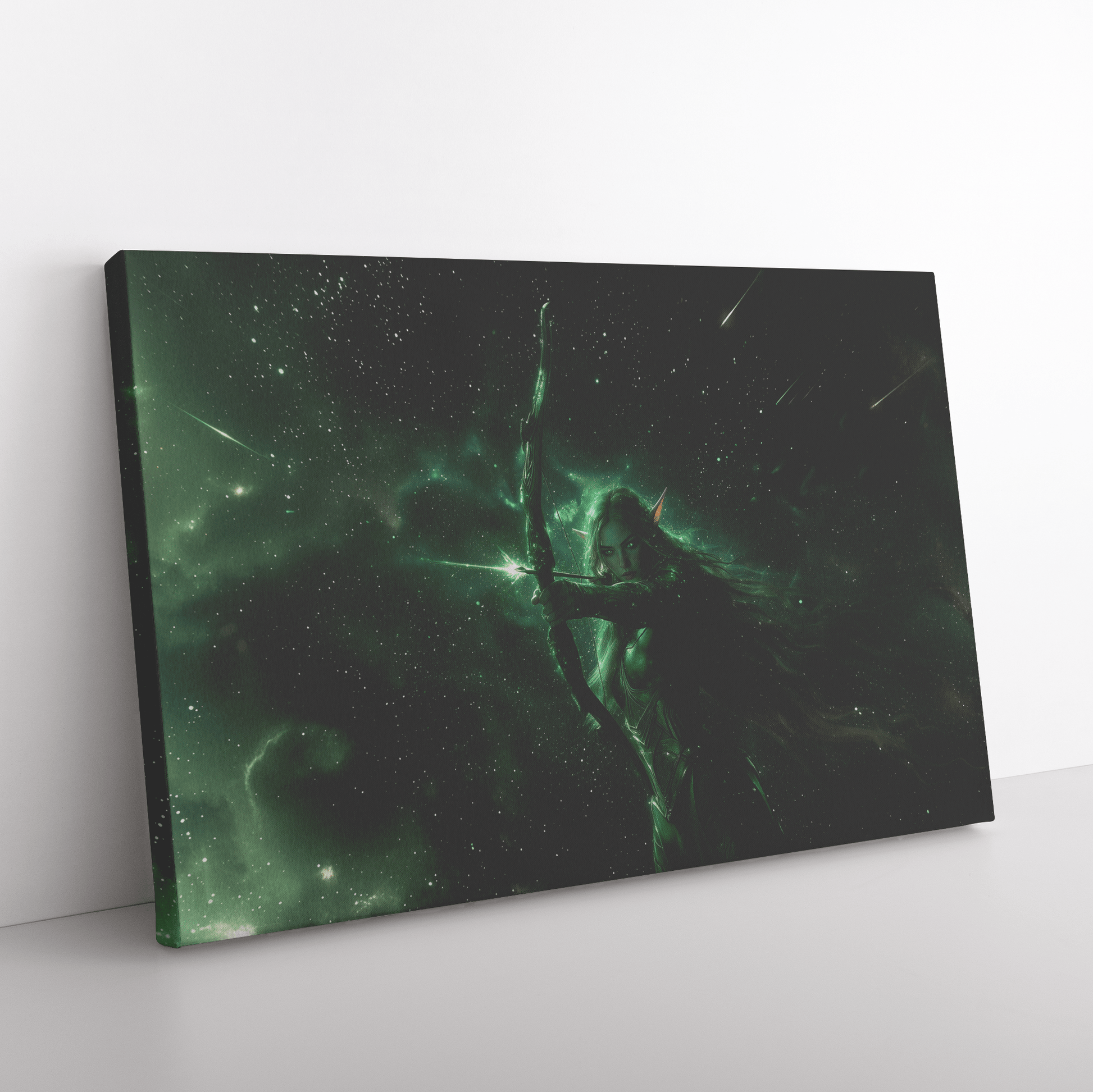 Female Night Elf Hunter Green Silver Armor Glowing Bow Shimmering Stars Cascading Light Trails WoW Canvas Wall Art Decor - Awakening Righteousness