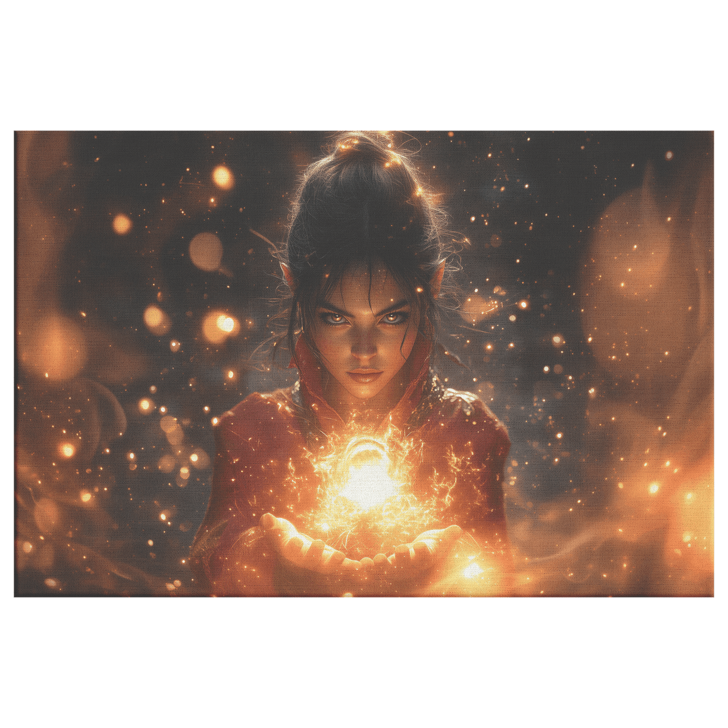 Female Night Elf Mage Summoning Glowing Fireball Shimmering Textures Radiant Golden Reflections Canvas Wall Art - Awakening Righteousness