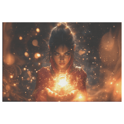 Female Night Elf Mage Summoning Glowing Fireball Shimmering Textures Radiant Golden Reflections Canvas Wall Art - Awakening Righteousness